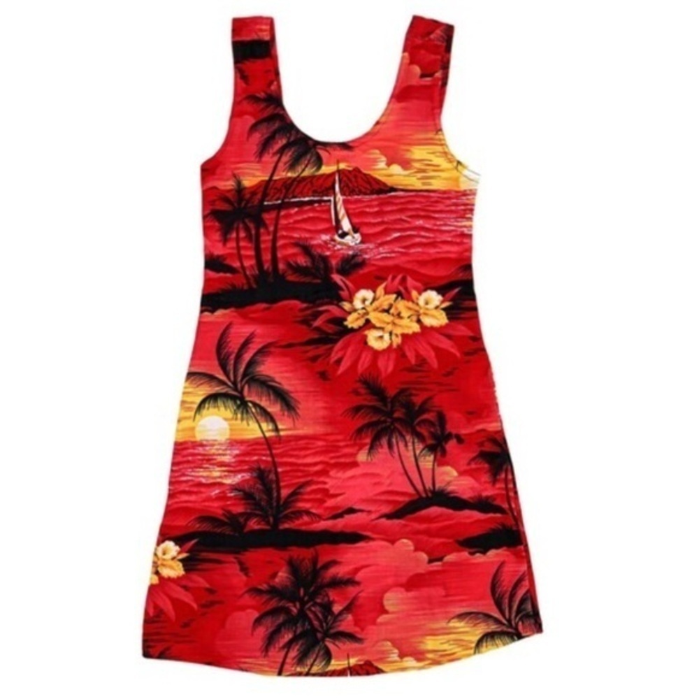 Vintage Hawaiian Tropical Beach Tank Mini Dress,  Red Sundress Sunset Palm Trees